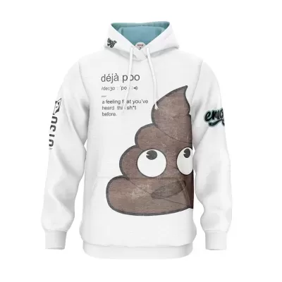 Sweatshirt com capuz branca com desenho de cocô e texto déja poo
