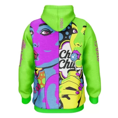 Casaco com capuz verde fluorescente com estampa pop art colorida e texto Cha Chiu