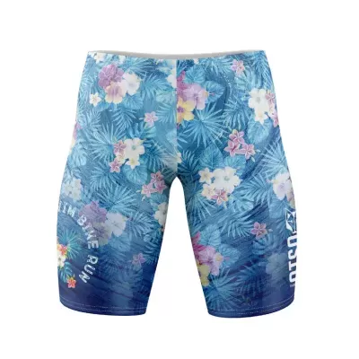 Calções de banho com padrão floral azul e texto branco nas laterais
