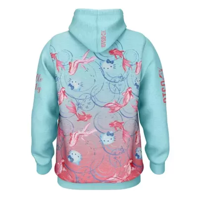 Sweatshirt com capuz azul claro e rosa com estampa de peixes e Hello Kitty