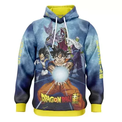 Sweatshirt com estampa Dragon Ball Super azul e amarelo com personagens e texto