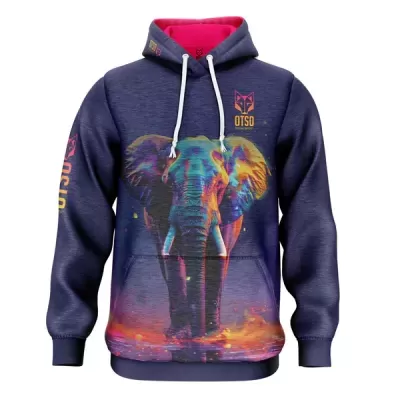Sweatshirt com capuz azul escuro decorada com elefante colorido e texto OTSO