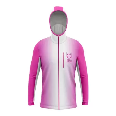 Casaco desportivo rosa e branco com capuz e fecho de correr