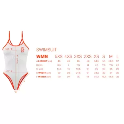 Fato de banho branco com contornos laranja e tabela de tamanhos em português.