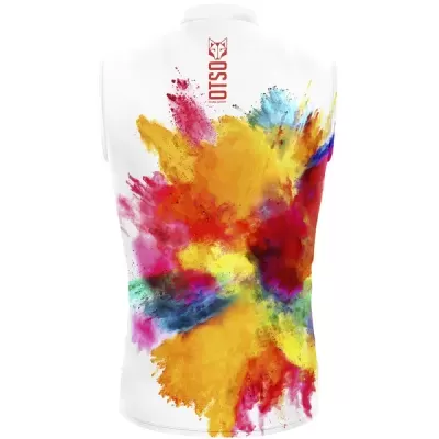 Colete branco com estampado colorido tipo splash e texto DSC10 nas costas