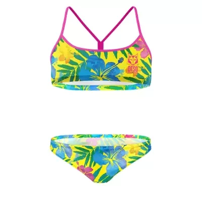 Biquíni feminino colorido com padrão floral e texto OTSO no top