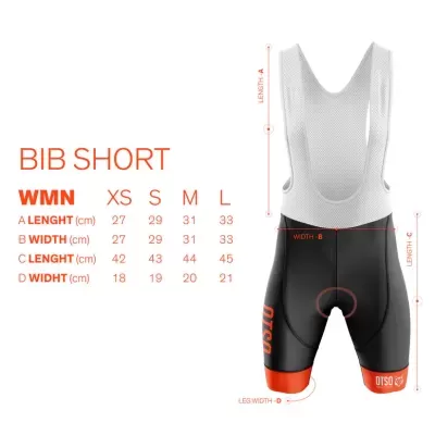 Calções bib short ciclismo branco e preto com detalhes laranja e medidas
