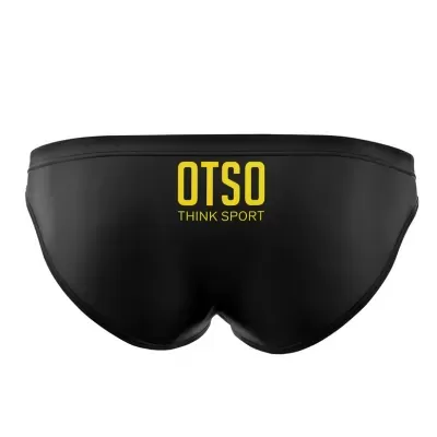 Cuecas de banho pretas com logotipo amarelo OTSO THINK SPORT na parte de trás