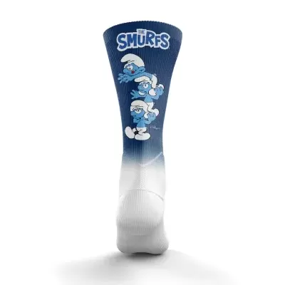 Meia comprida branca e azul com os Smurfs e texto THE SMURFS