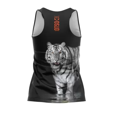 Camisola regata preta com estampa de tigre branco e texto OTSO laranja