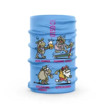 Tubo de tecido azul com desenhos de ovelhas a correr e texto em inglês