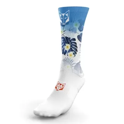 Meia branca e azul com padrão floral e logótipos de raposa