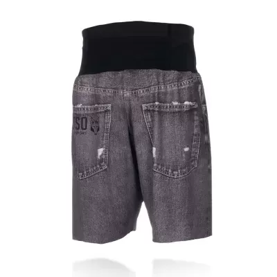 Calções cinzentos estilo ganga com cintura preta elástica e bolsos traseiros