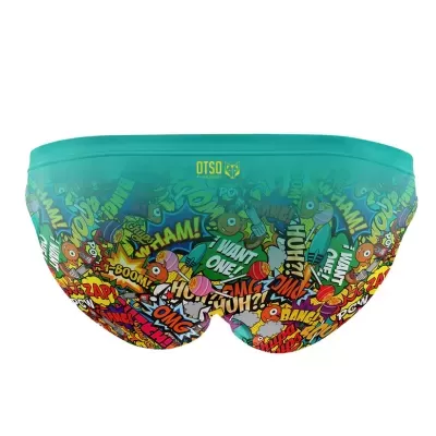 Cuecas com padrão de banda desenhada colorido e cintura verde-azulada com a marca OTSO