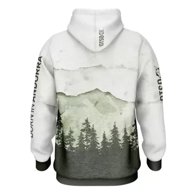 Hoodie branco com estampa de montanhas e árvores e texto nos braços