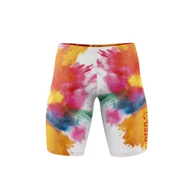 Calções de ciclismo com padrão colorido abstrato e texto META amarelo