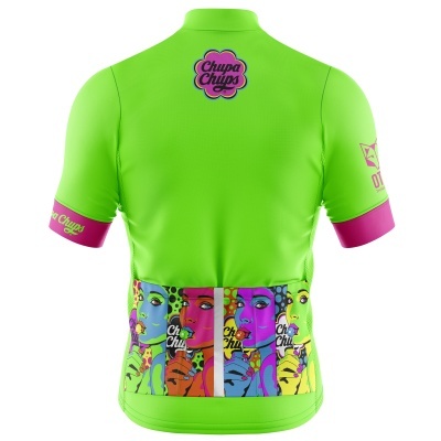 Camisola de ciclismo verde com estampado colorido e logo Chupa Chups