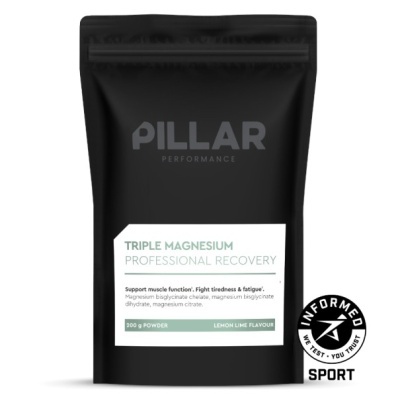 Pacote preto de suplemento TRIPLE MAGNESIUM PROFESSIONAL RECOVERY da PILLAR PERFORMANCE com selo INFORMED SPORT