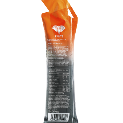 Embalagem flexível laranja e cinza com texto nutricional e código de barras