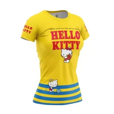 T-shirt amarela Hello Kitty com estampados vermelhos e riscas azuis