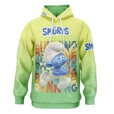 Sweatshirt verde com capuz e estampa do personagem Smurf a correr.
