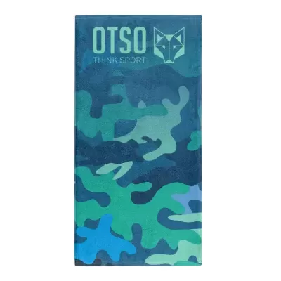 Toalha camuflada azul, verde e cinza com texto OTSO THINK SPORT e logotipo de raposa