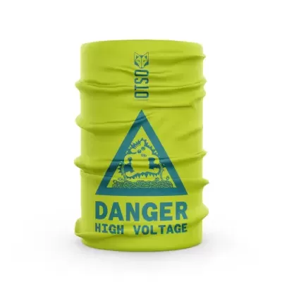 Tubo de tecido verde fluorescente com aviso de perigo de alta tensão impresso em azul