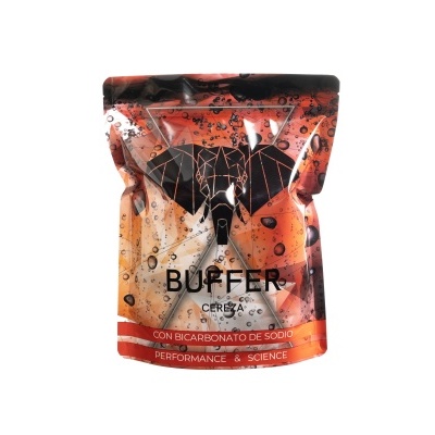 embalagem flexível laranja preta e branca do produto BUFFER com texto