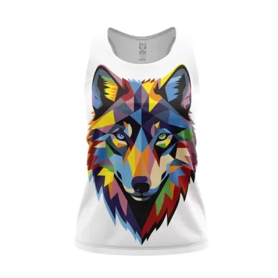 Camisola de alças branca com estampa colorida de lobo geometricamente estilizado