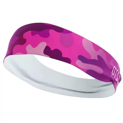 Bandana desportiva rosa com padrão camuflado e texto branco