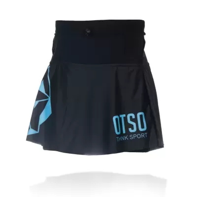 Saia desportiva feminina preta com estampado e texto azul OTSO THINK SPORT