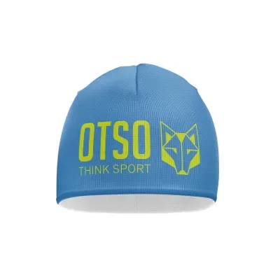 Gorro desportivo azul claro com texto amarelo e símbolo de raposa
