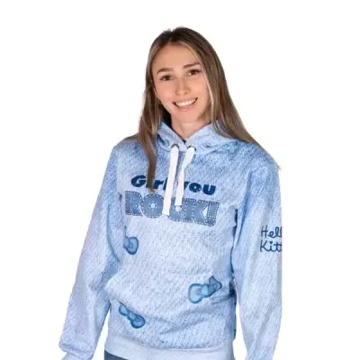 Sweatshirt azul claro com capuz, laços azuis e textos Get you ROCK! e Hello Kitty