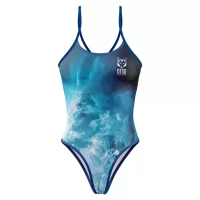 Fato de banho feminino azul com padrão de ondas e logo OTSO
