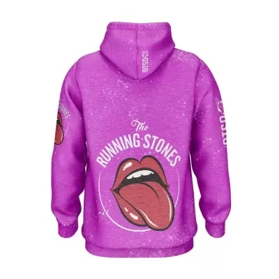 Hoodie púrpura com o logo dos The Rolling Stones e texto nas costas