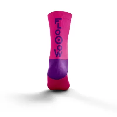 Meia desportiva cor-de-rosa com texto azul 'FLOOW'
