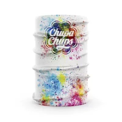 Produto têxtil branco com manchas coloridas e logotipo Chupa Chups