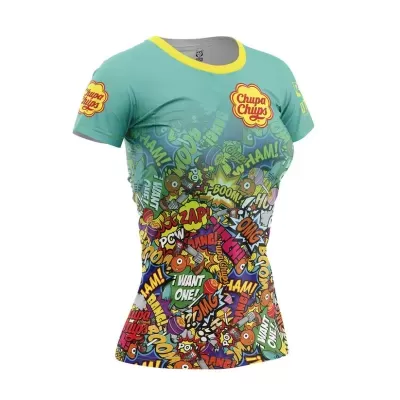 T-shirt feminina colorida com padrão estilo banda desenhada e logótipo CHUPA CHUPS