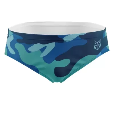 cuecas de banho masculinas azul e verde camuflado com logótipo de raposa
