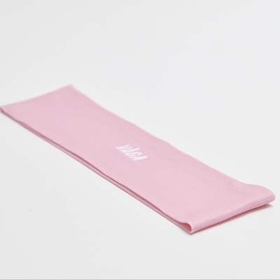 Faixa de exercício elástica rosa com texto branco 'Hello!'