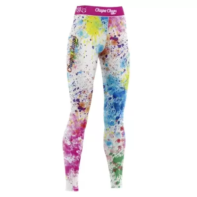 Leggings multicoloridas com padrão de manchas e cós rosa com texto Chupa Chups