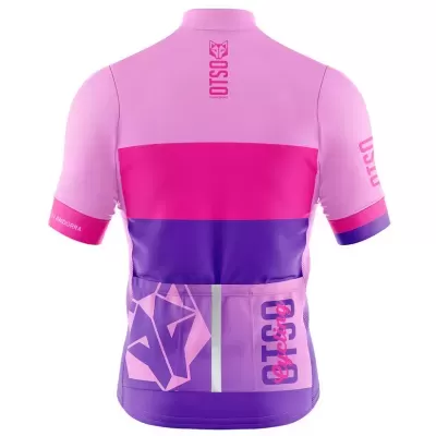 Camisola de ciclismo rosa, fúcsia e roxa com texto OSLO e logotipo de raposa nas costas