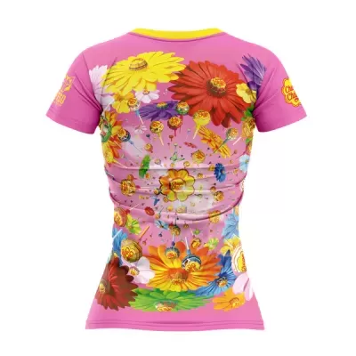 T-shirt rosa com flores coloridas e texto 