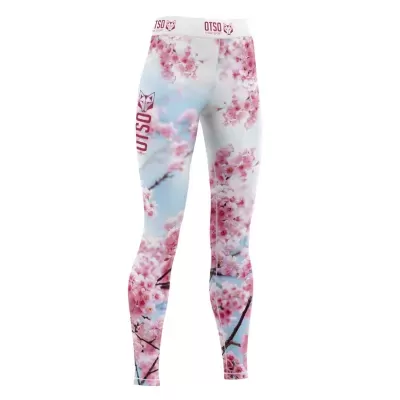 Leggings femininas com padrão floral rosa e azul claro, cintura com texto OTSO