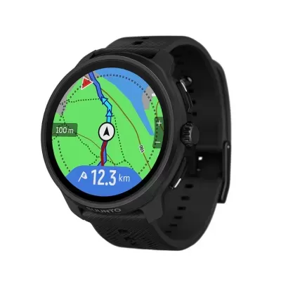 Relógio smartwatch Suunto preto com ecrã a mostrar mapa de navegação e distância 12.3 km