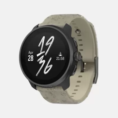 Relógio inteligente com mostrador digital e bracelete bege texturizado