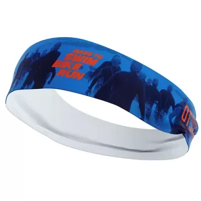 Acessório elástico azul para cabeça com texto laranja