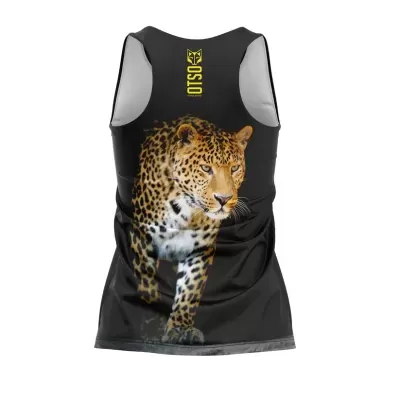 Camisola preta tipo tank top com estampa de onça e texto OTSO