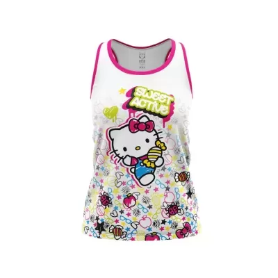Camisola branca Hello Kitty com estampado colorido e bordas rosas