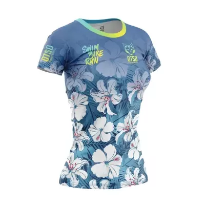 Camiseta desportiva feminina azul com flores brancas e texto amarelo